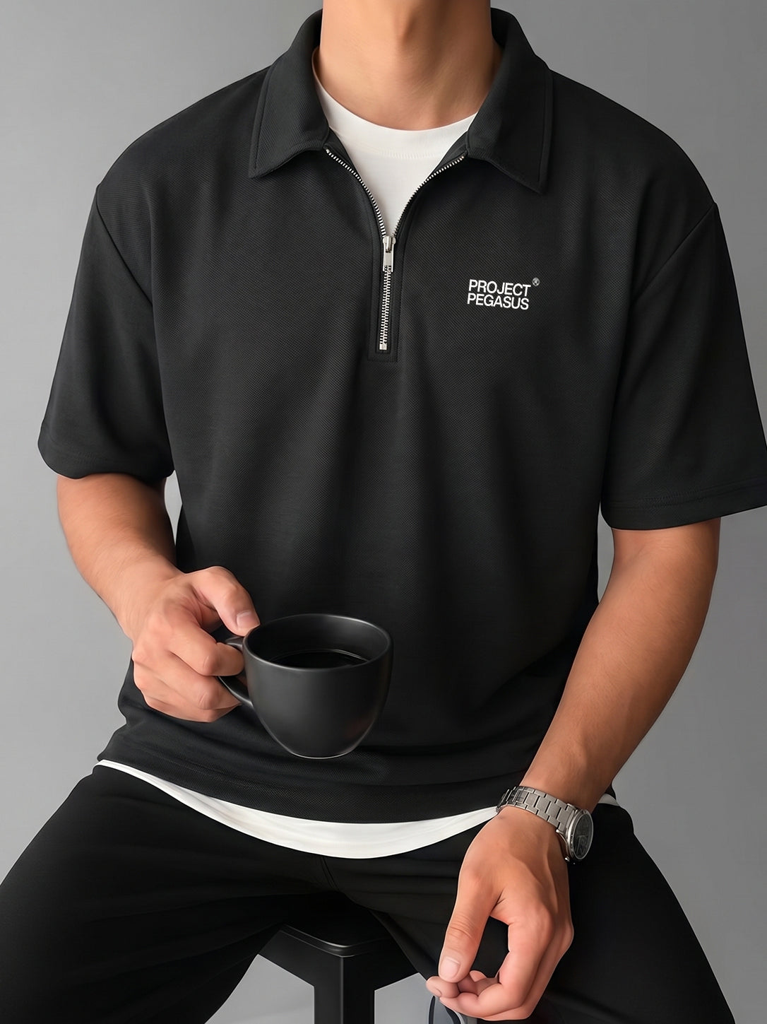 Project Pegasus Oversized Half-Zip Polo Shirt Black Project Pegasus