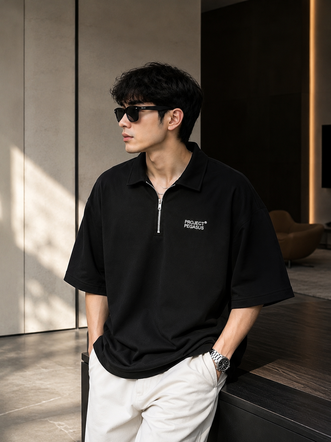 Project Pegasus Oversized Half-Zip Polo Shirt Black Project Pegasus