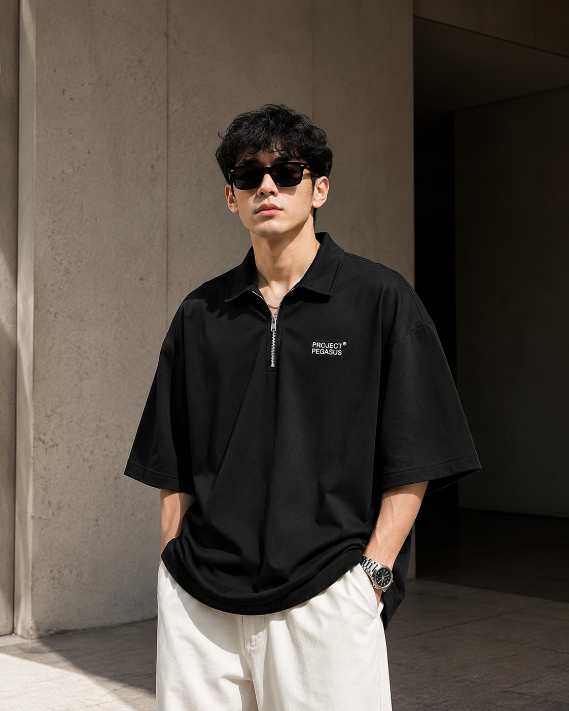 Project Pegasus Oversized Half-Zip Polo Shirt Black Project Pegasus